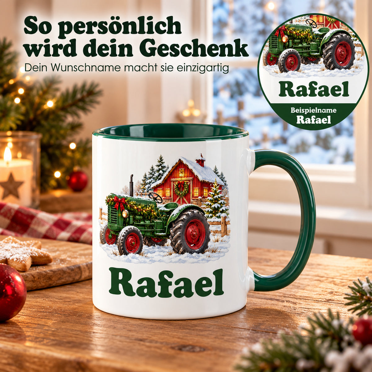 Weiße Tasse mit grünem Henkel: Trecker vor Scheune und Wunschname; runder Ausschnitt zeigt den personalisierten Druck.