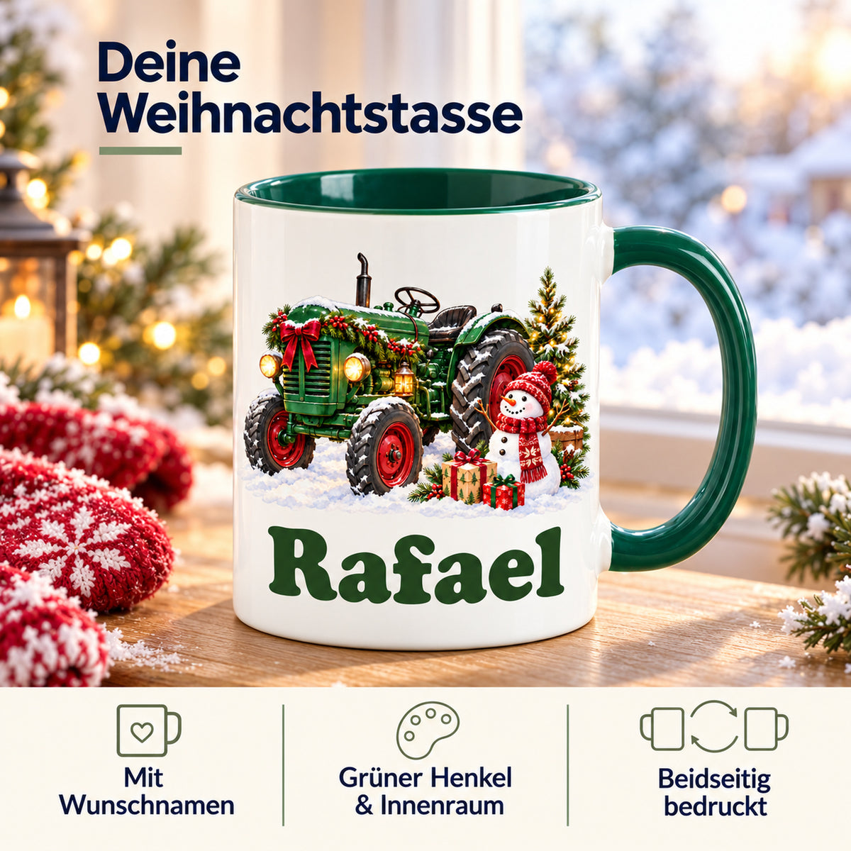 Weiße Tasse mit grünem Henkel und Innenraum; Infografik zu Wunschname, grünen Akzenten und beidseitigem Druck.