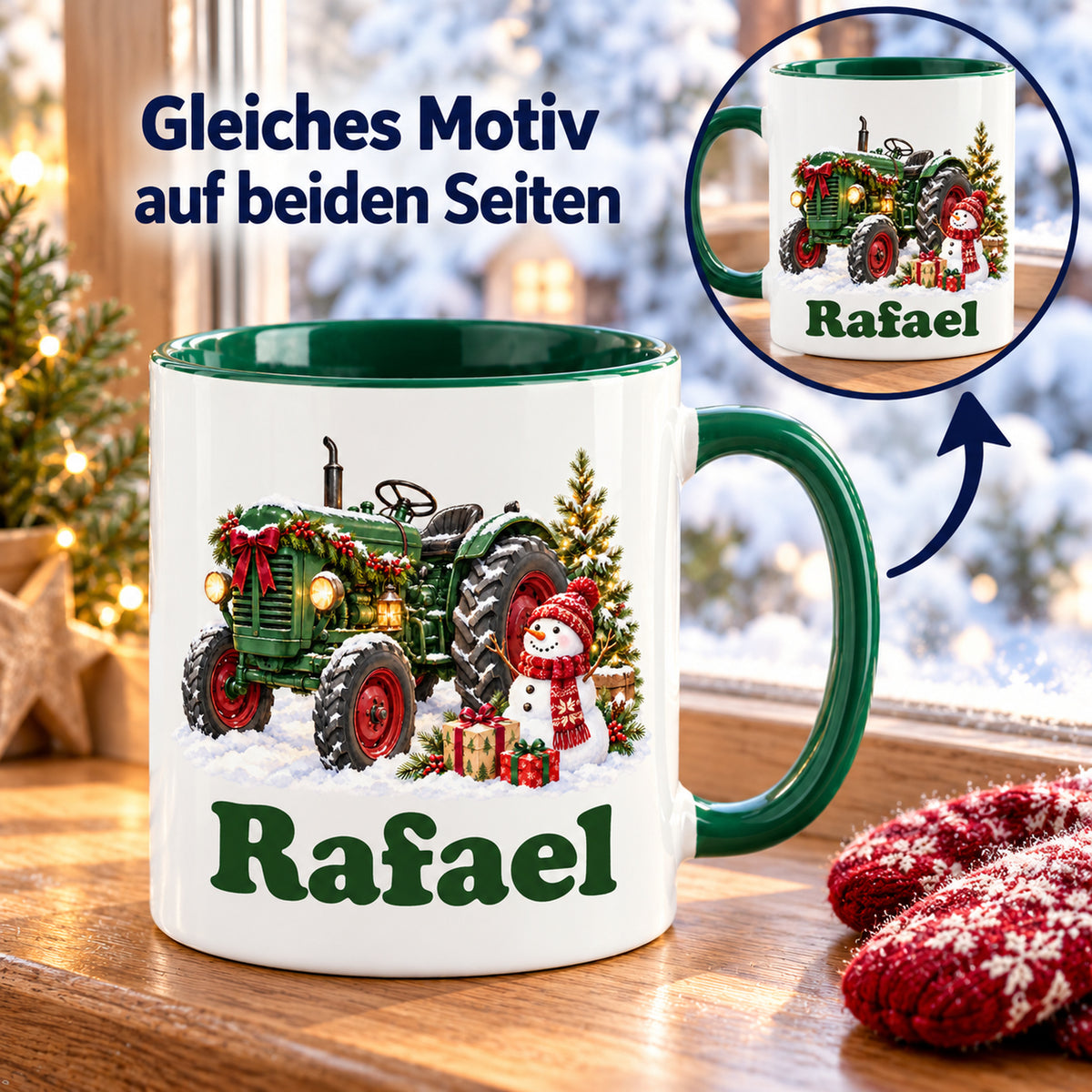 Weiße Tasse mit grünem Henkel: Trecker mit Schneemann; runder Ausschnitt zeigt gleichen Druck auf der Gegenseite.