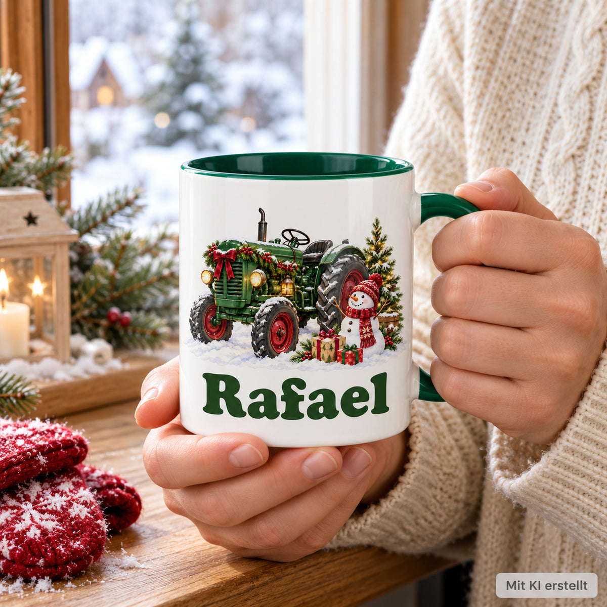 Hände im cremefarbenen Strickpullover halten eine weiße Weihnachtstasse mit grünem Henkel, Treckermotiv und Wunschname.