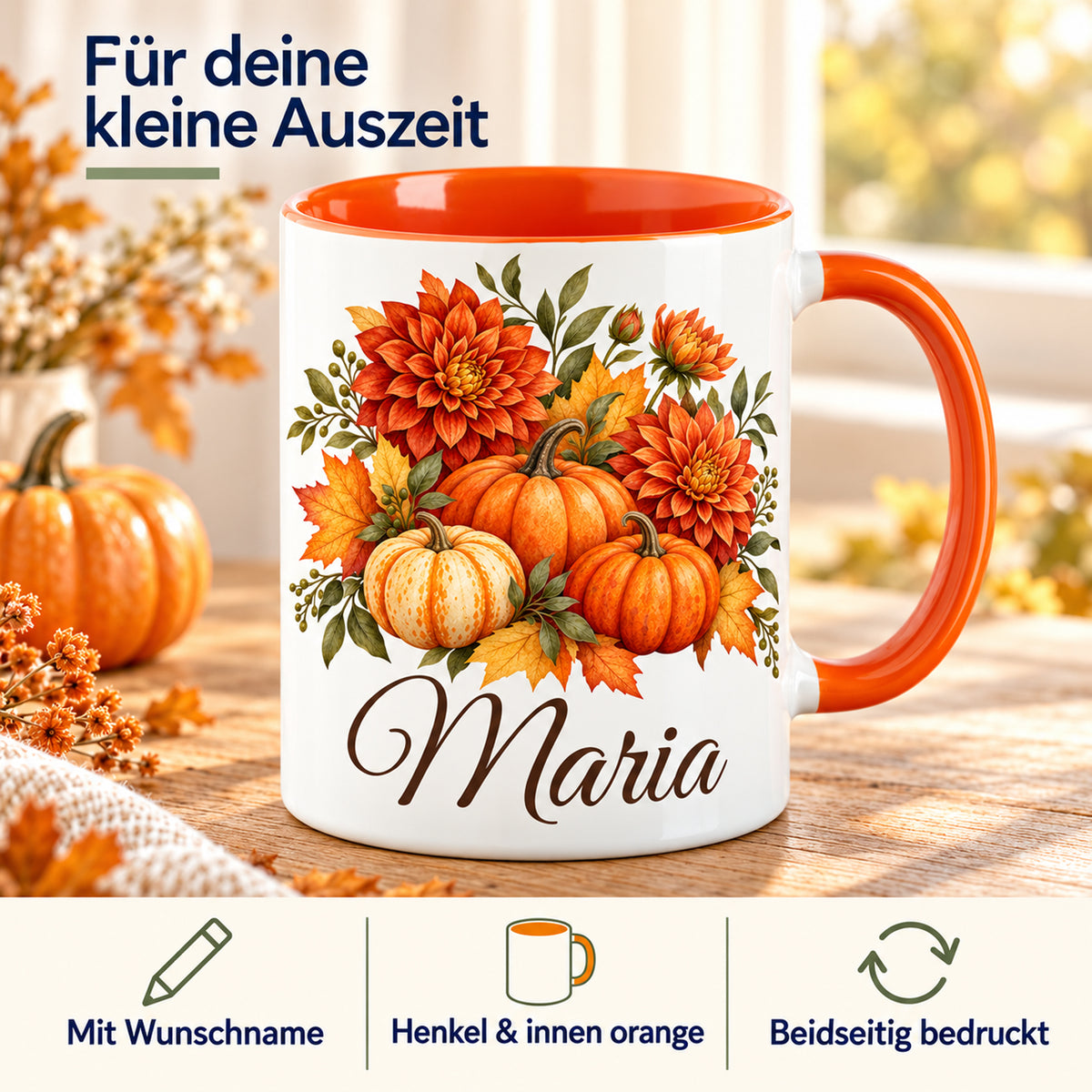 Herbsttasse mit Kürbismotiv und Übersicht zu Wunschname, orangefarbenem Henkel und Innenbereich sowie beidseitigem Druck.