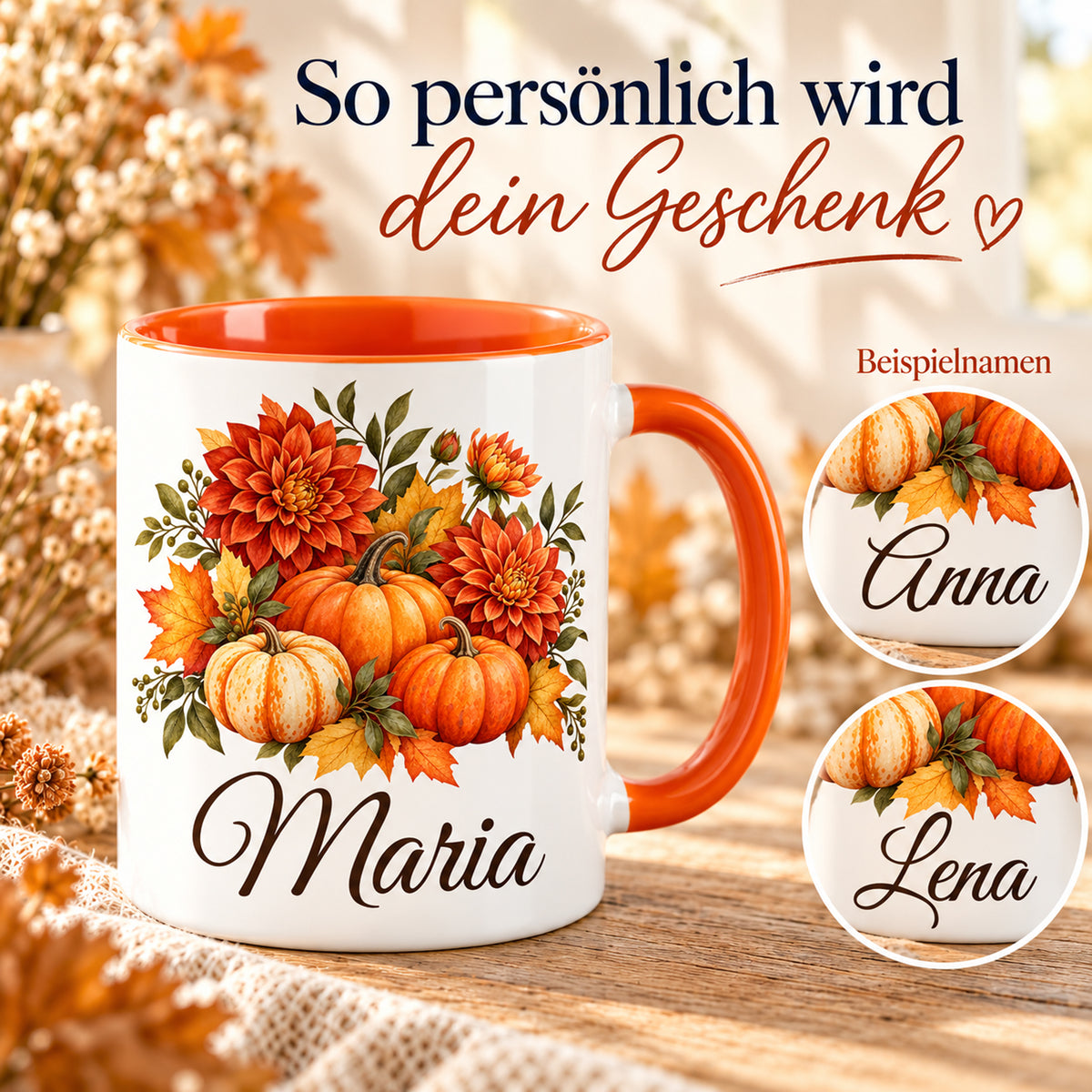 Personalisierte Kürbistasse mit großer Namensdarstellung und zwei vergrößerten Namensbeispielen.