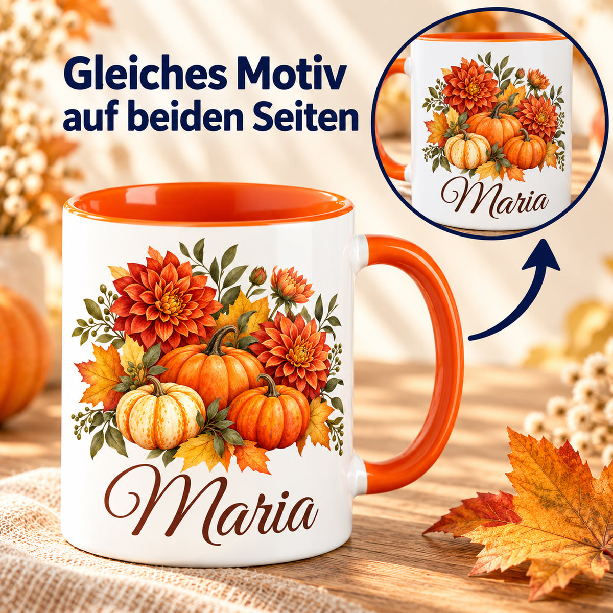 Kürbistasse mit Detailausschnitt der gegenüberliegenden Druckseite und Pfeil zur Erklärung des identischen beidseitigen Motivs.