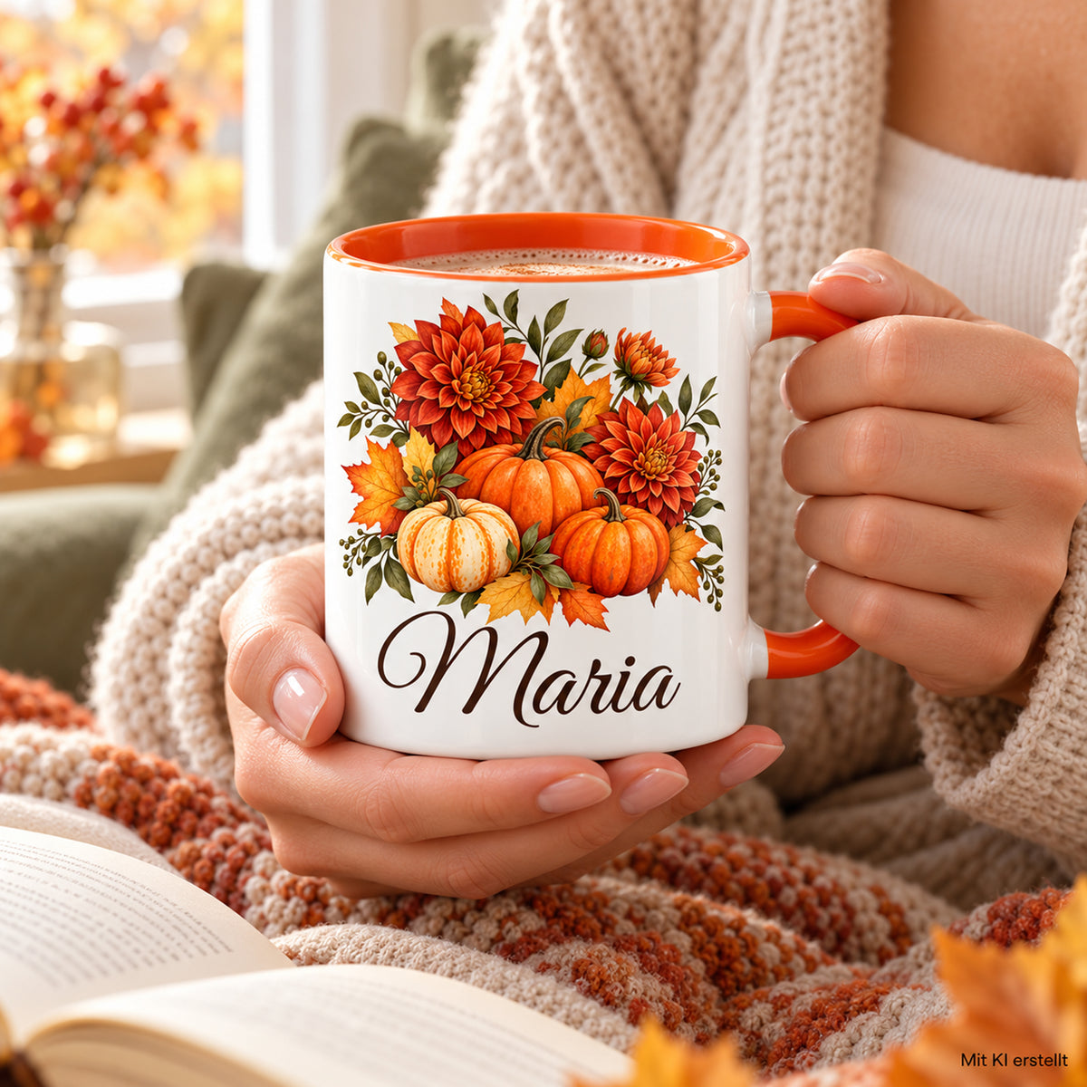 Hände halten die personalisierte Kürbistasse am hellen Fenster; herbstliches Aquarellmotiv und Name sind gut sichtbar.