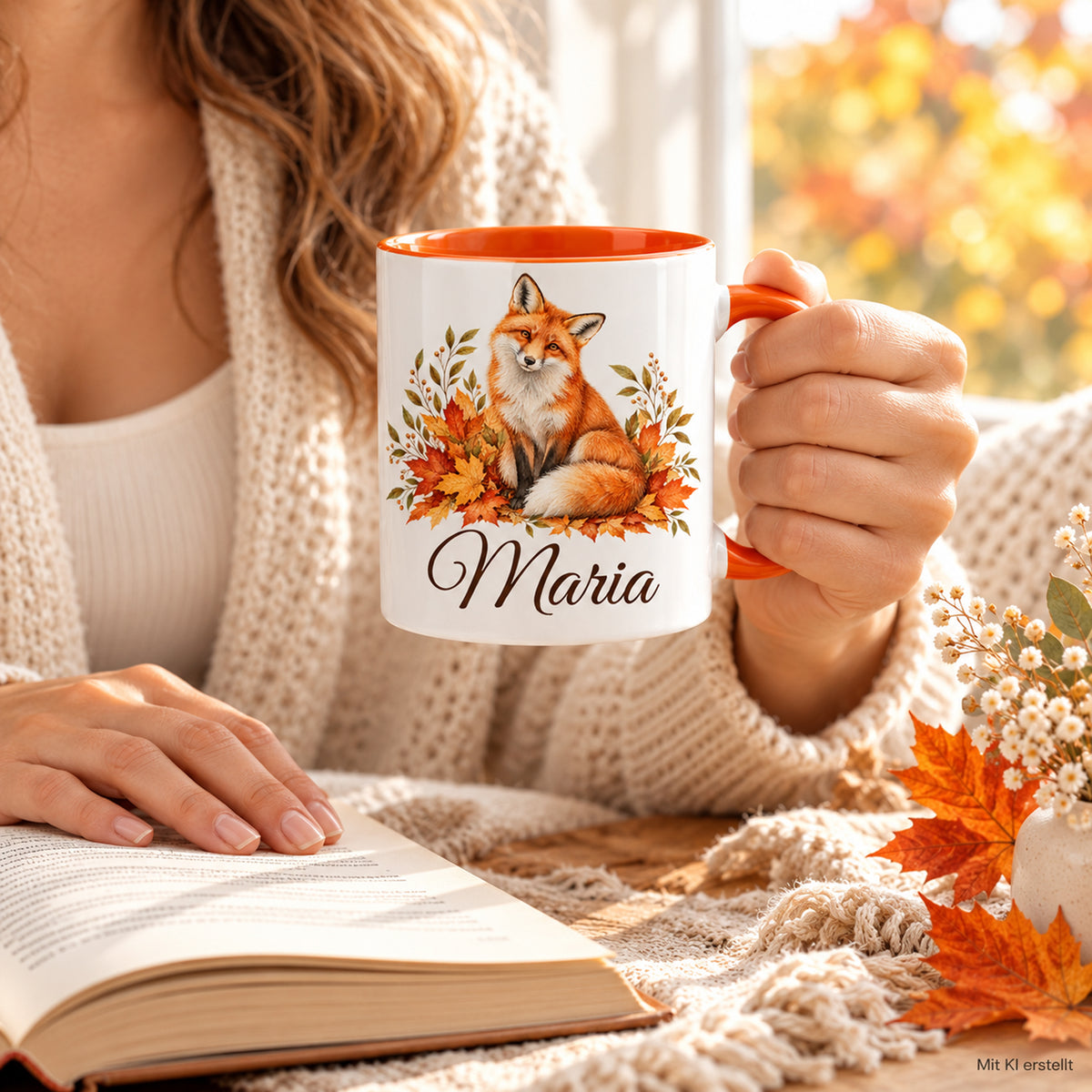 In Händen gehaltene Tasse mit Fuchs und Herbstblättern, orangefarbenem Henkel und personalisierbarem Namensdruck.