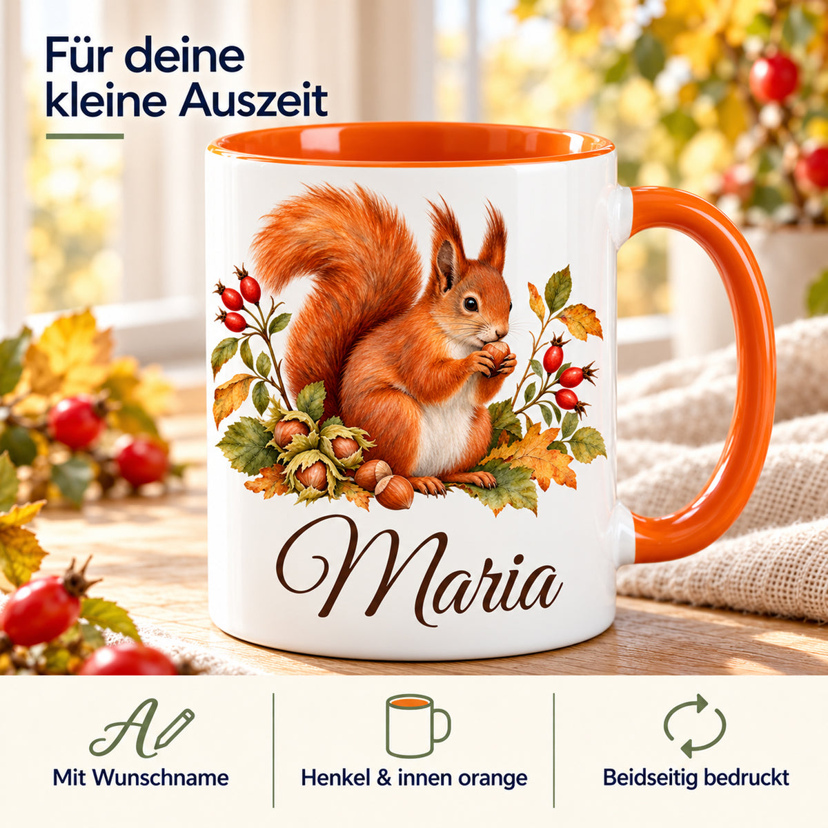 Herbsttasse mit Eichhörnchen: Wunschname, orangefarbener Henkel und Innenbereich sowie beidseitiger Druck.