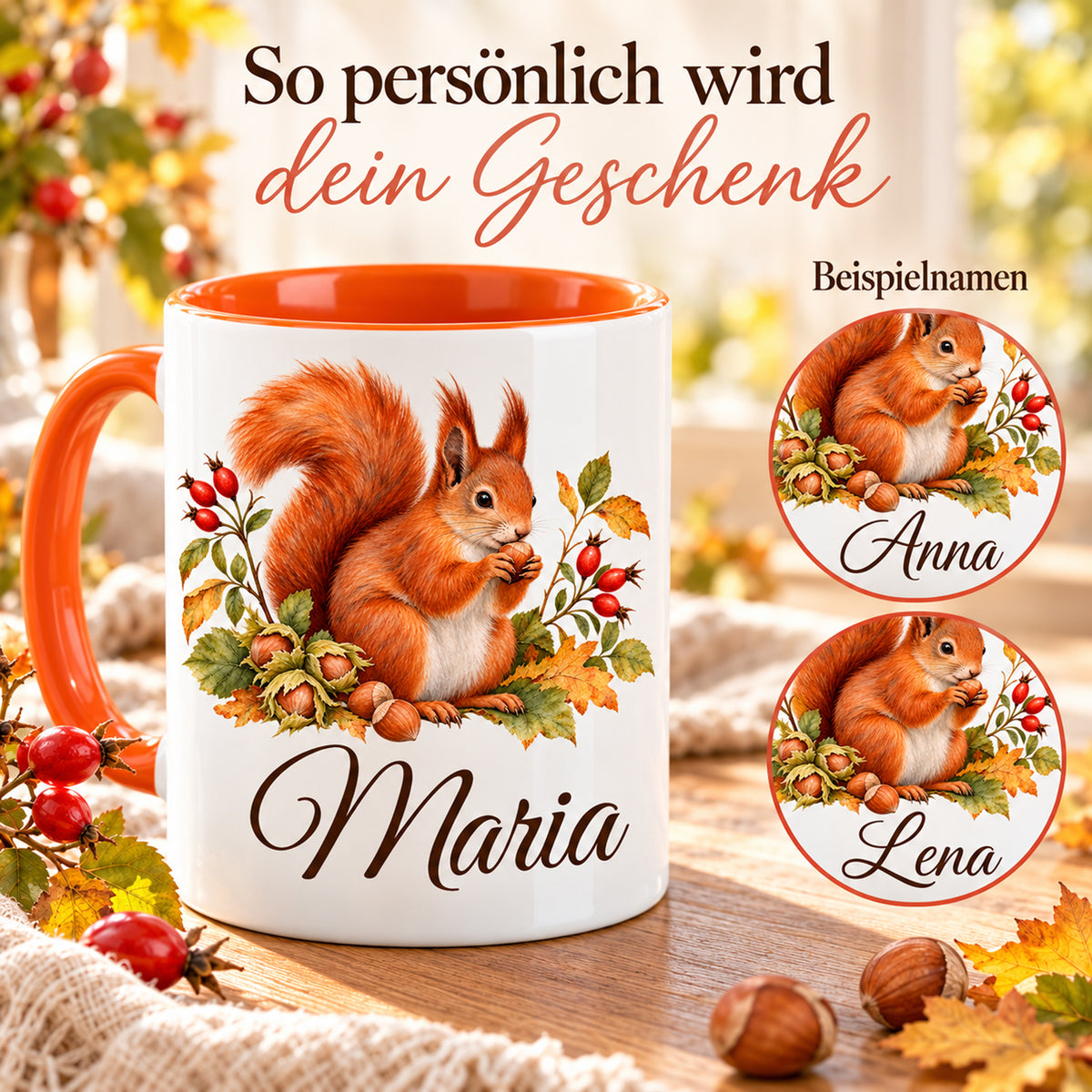 Eichhörnchen-Tasse mit großem Wunschnamen und zwei weiteren Namensbeispielen in Detailkreisen.