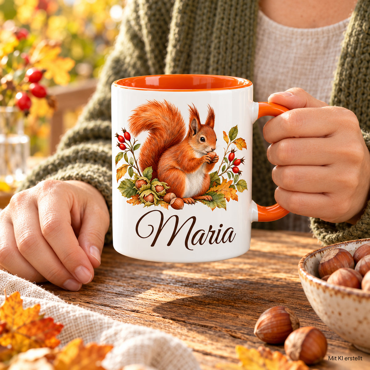 Eine Person hält eine personalisierte Eichhörnchen-Tasse am orangefarbenen Henkel an einem Gartentisch.