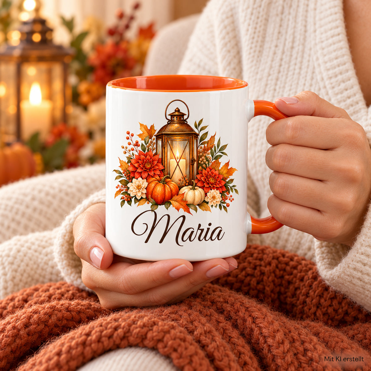 Eine Person hält die personalisierte Herbsttasse mit Laterne in den Händen über einer warmen Decke.