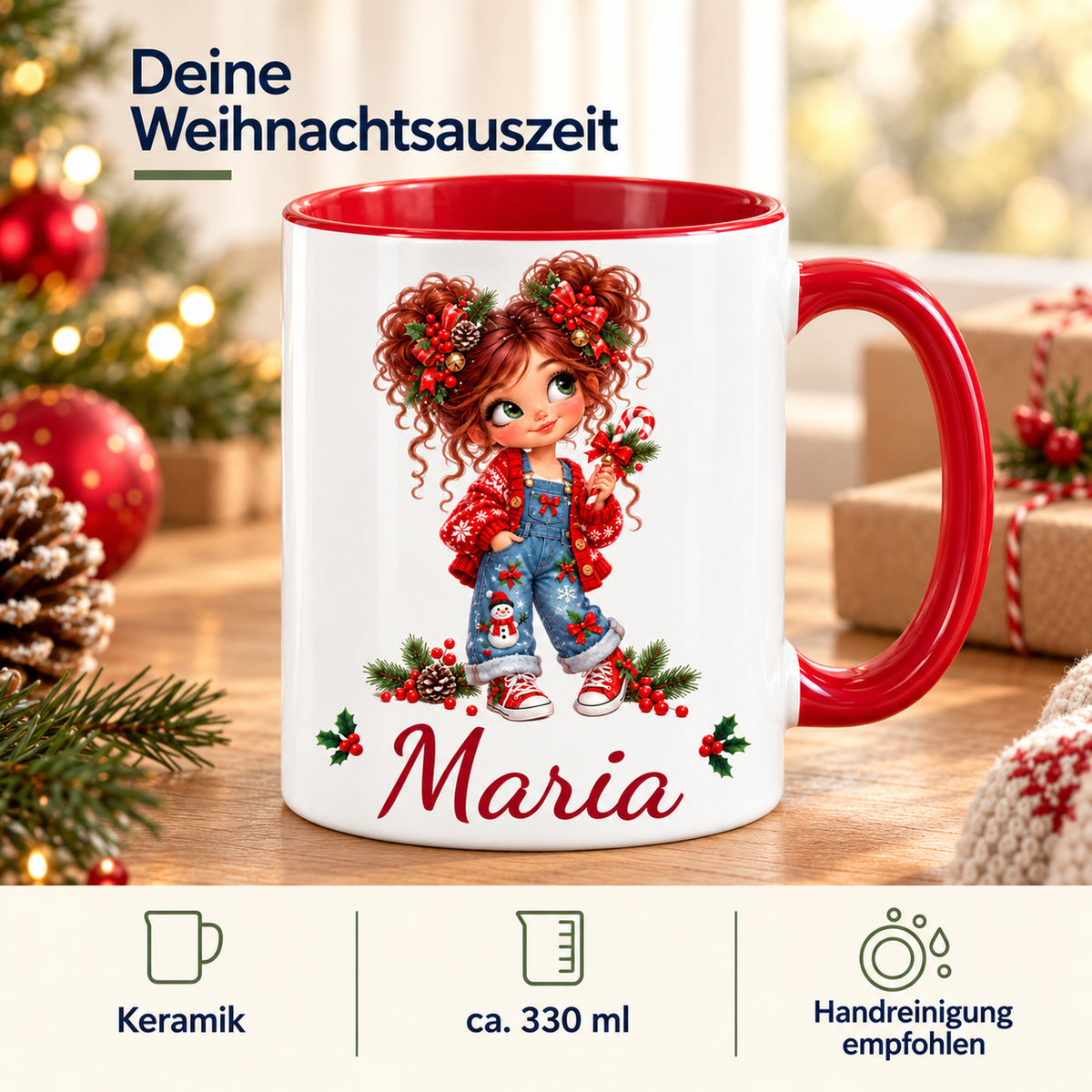 Weihnachtstasse Zuckerstange mit Wunschname und Angaben zu Keramik, ca. 330 ml und empfohlener Handreinigung.