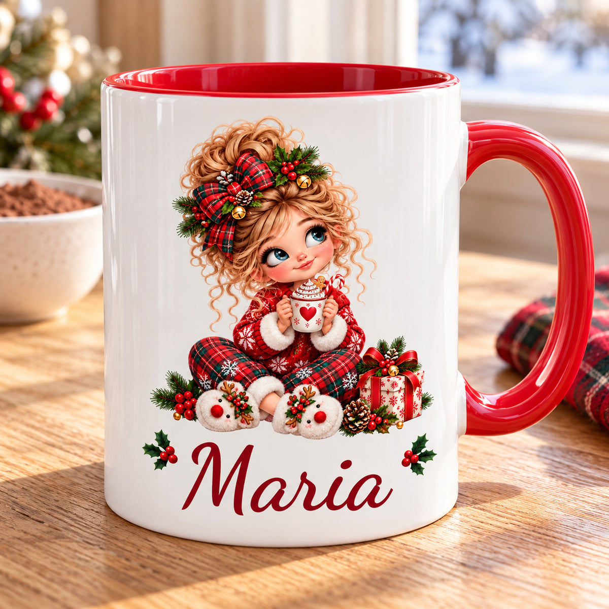 Personalisierte Weihnachtstasse mit Mädchenmotiv Kakao und Wunschname, weiß mit rotem Henkel und roter Innenseite.