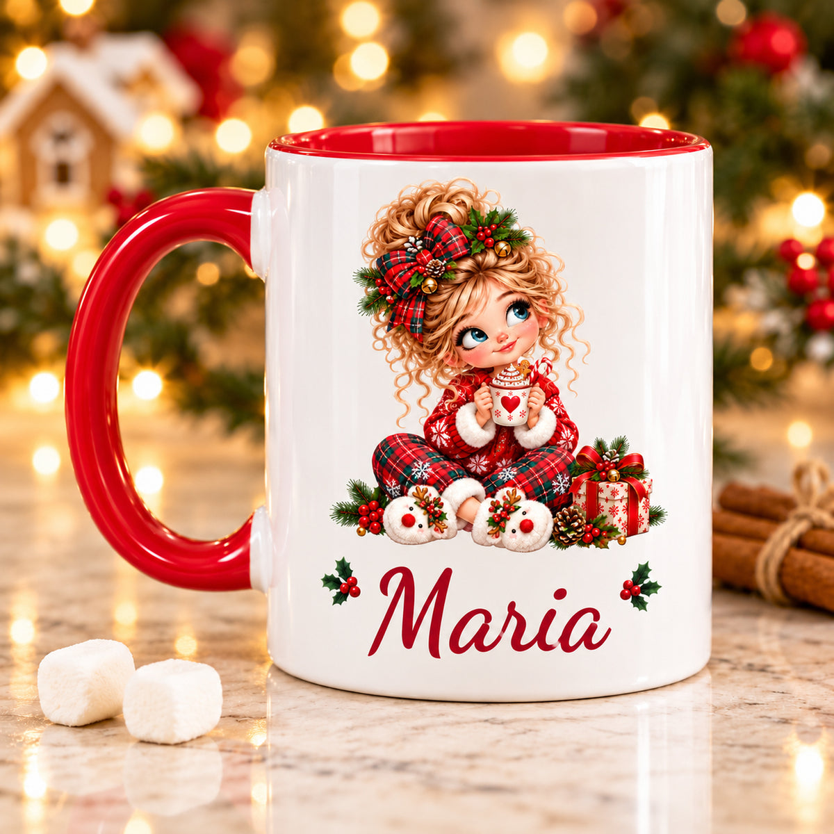 Rückseite der Weihnachtstasse Kakao mit demselben Mädchenmotiv und Wunschname, roter Henkel links.