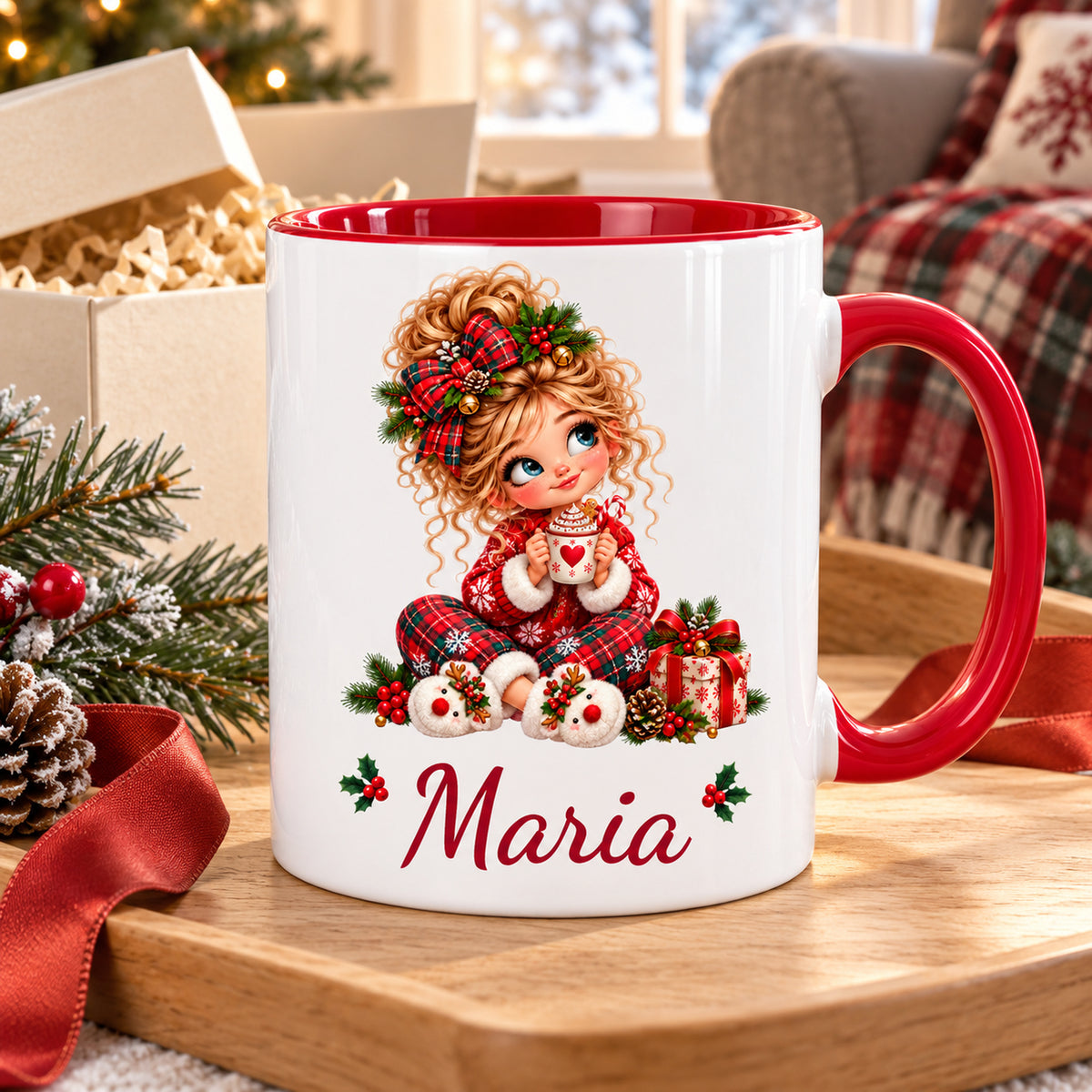 Personalisierte Weihnachtstasse Kakao mit Wunschname in weihnachtlicher Geschenkszene.