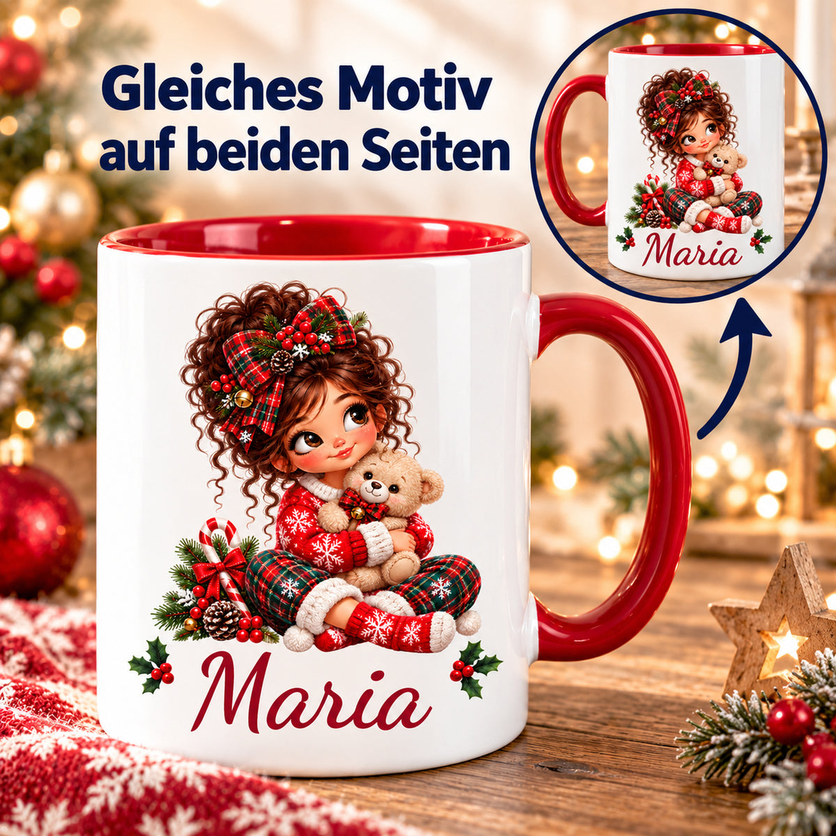 Weihnachtstasse Teddy mit Wunschname und Detailansicht des gleichen Drucks auf beiden Seiten.