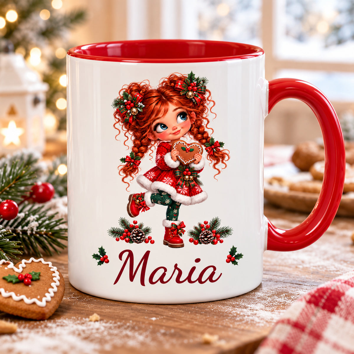 Personalisierte Weihnachtstasse mit Mädchenmotiv Lebkuchenherz und Wunschname, weiß mit rotem Henkel und roter Innenseite.