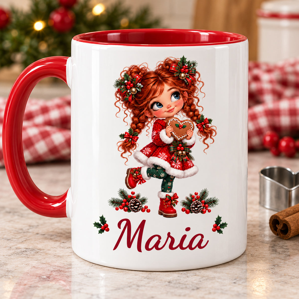 Rückseite der Weihnachtstasse Lebkuchenherz mit demselben Mädchenmotiv und Wunschname, roter Henkel links.