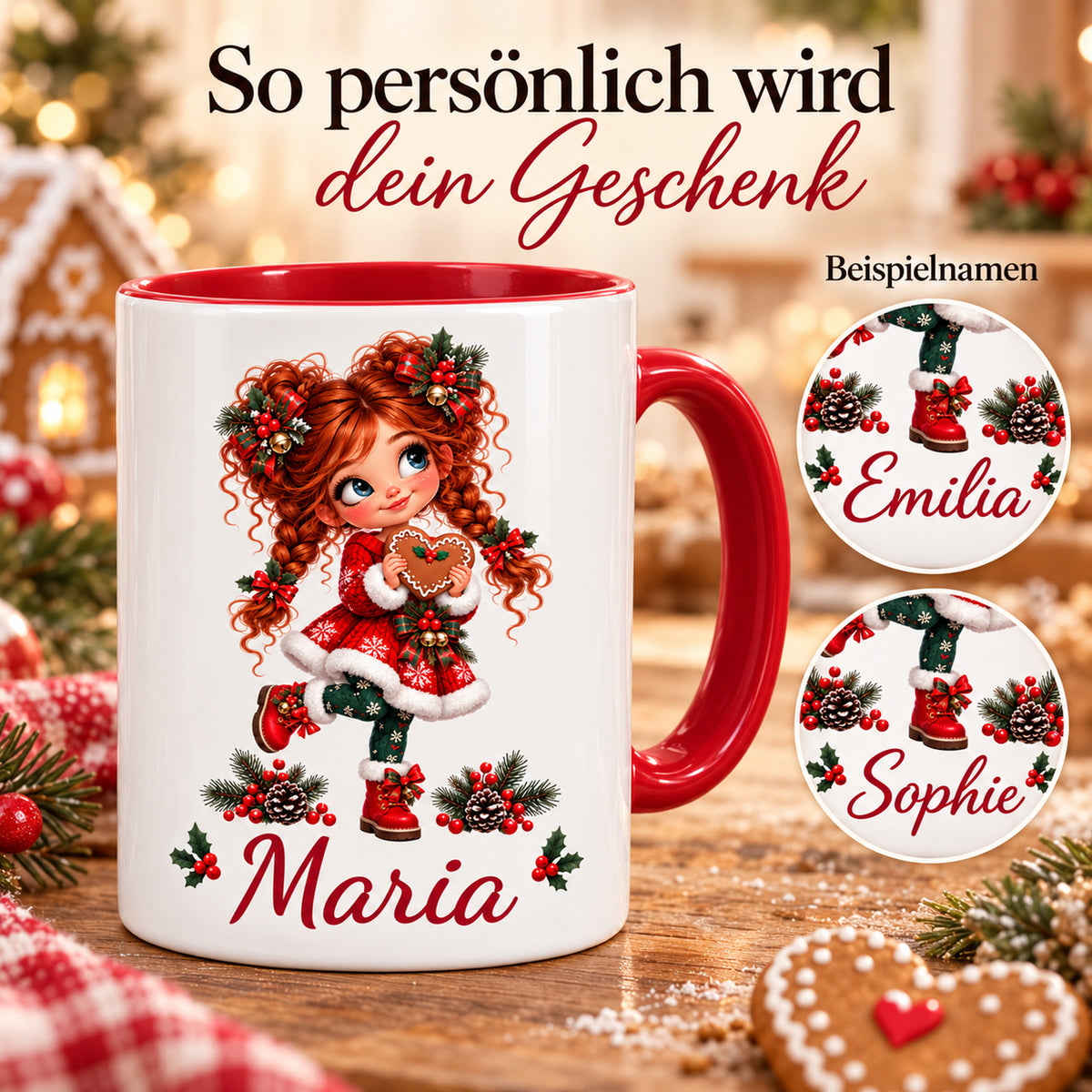 Namenspersonalisierung der Weihnachtstasse Lebkuchenherz mit verschiedenen Wunschnamen als Gestaltungsbeispiele.