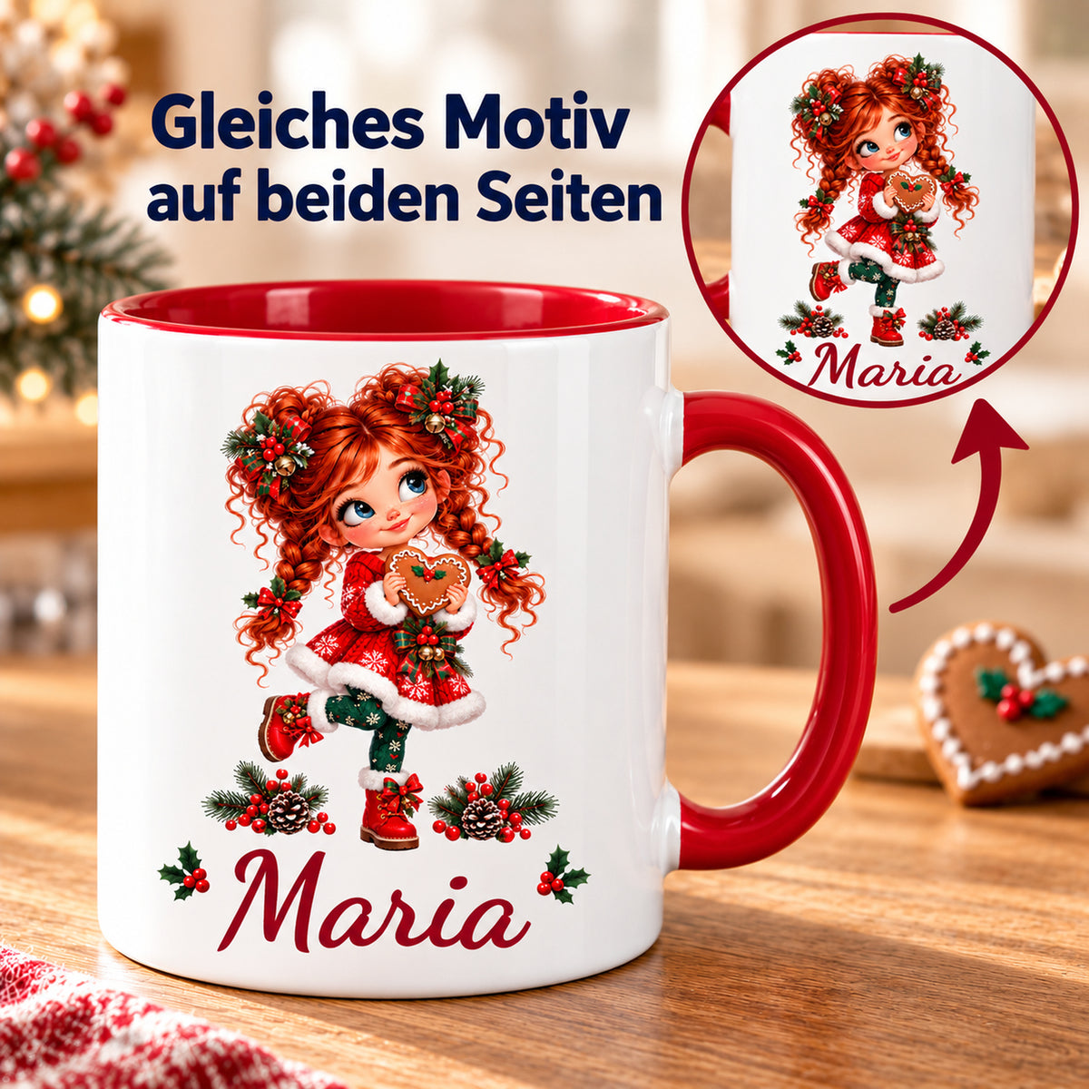 Weihnachtstasse Lebkuchenherz mit Wunschname und Detailansicht des gleichen Drucks auf beiden Seiten.