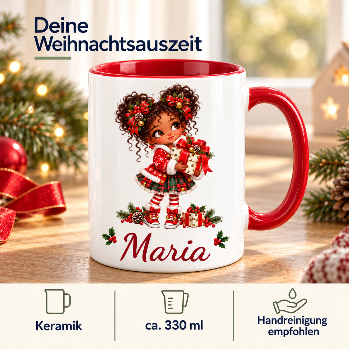 Weihnachtstasse Geschenk mit Wunschname und Angaben zu Keramik, ca. 330 ml und empfohlener Handreinigung.