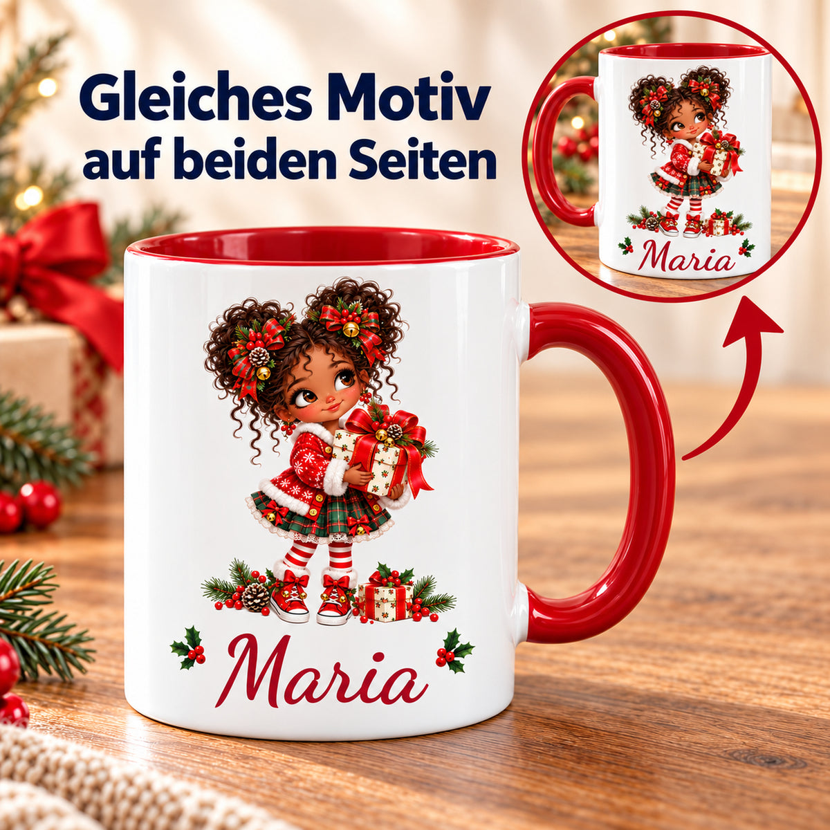 Weihnachtstasse Geschenk mit Wunschname und Detailansicht des gleichen Drucks auf beiden Seiten.