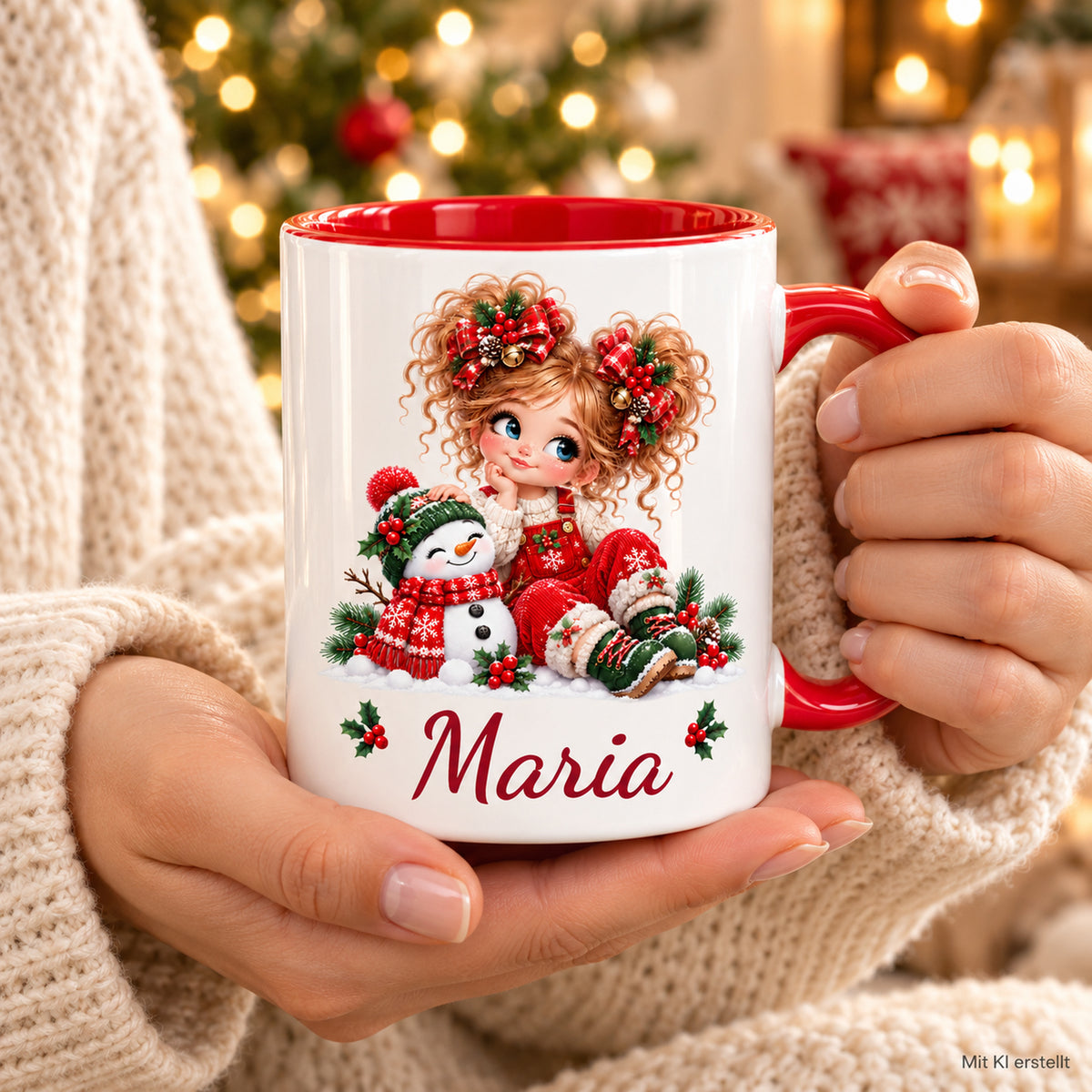 Hände halten die personalisierte Weihnachtstasse Schneemann mit Wunschname in einer Weihnachtsszene.