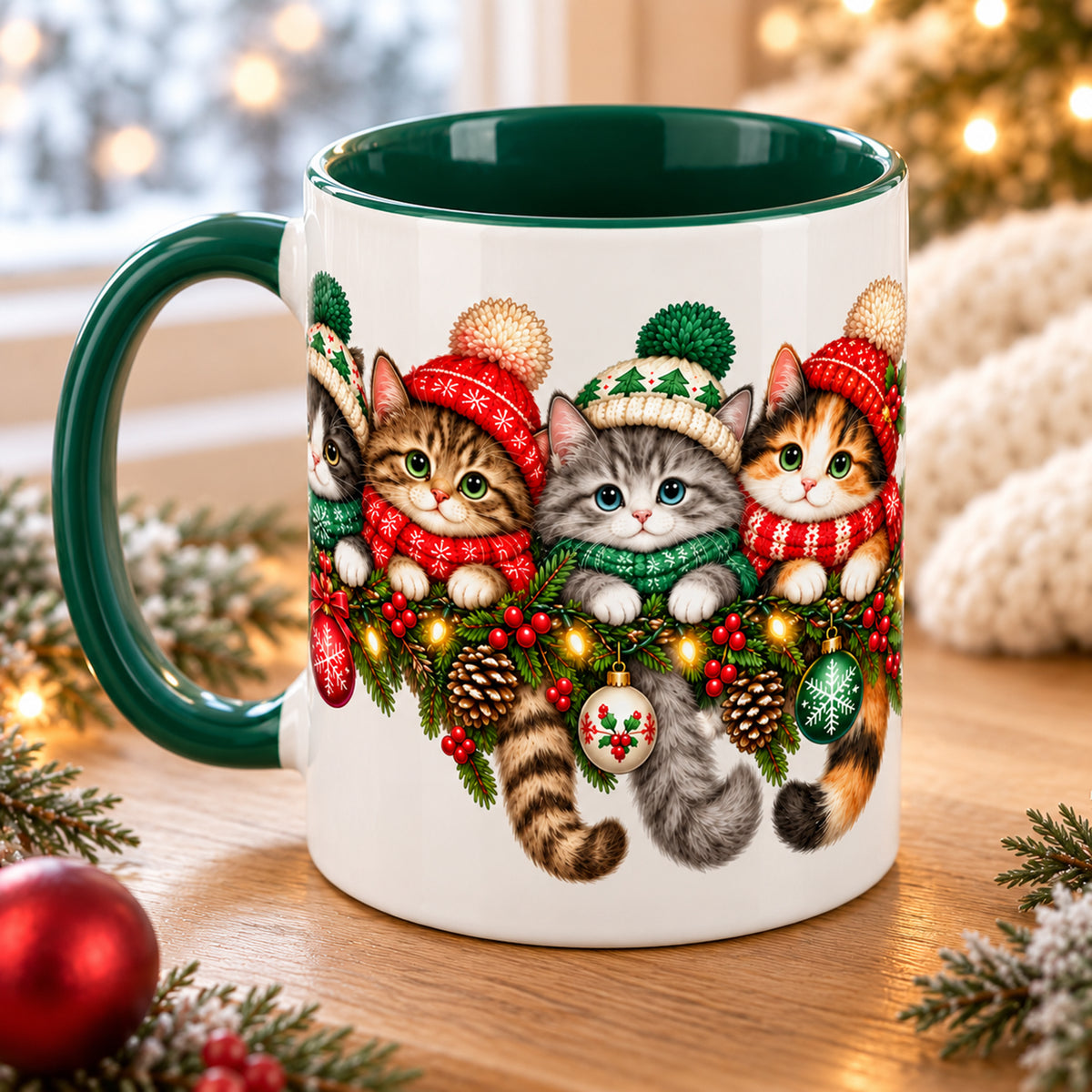 Gedrehte Ansicht der schlanken Weihnachtstasse mit grünem Henkel links und weiteren Katzen der umlaufenden Tierreihe.