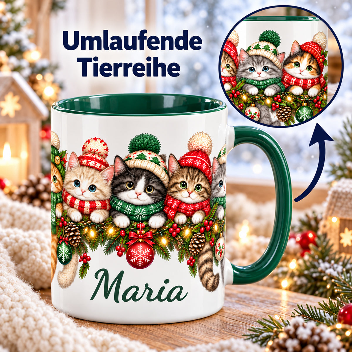 Weihnachtstasse mit Katzen, Wunschname und einem runden Detailausschnitt der umlaufenden Tierreihe; Beschriftung Umlaufende Tierreihe.