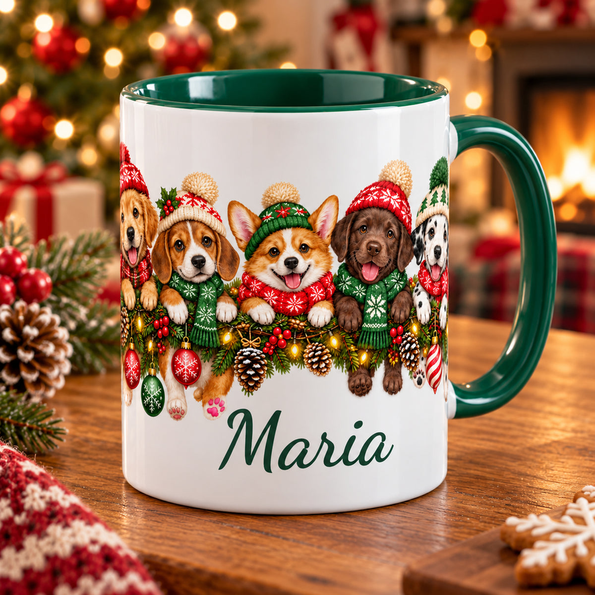 Zweite Ansicht der weiß-grünen Weihnachtstasse mit Hunden, Tannengirlande und einem Wunschnamen.