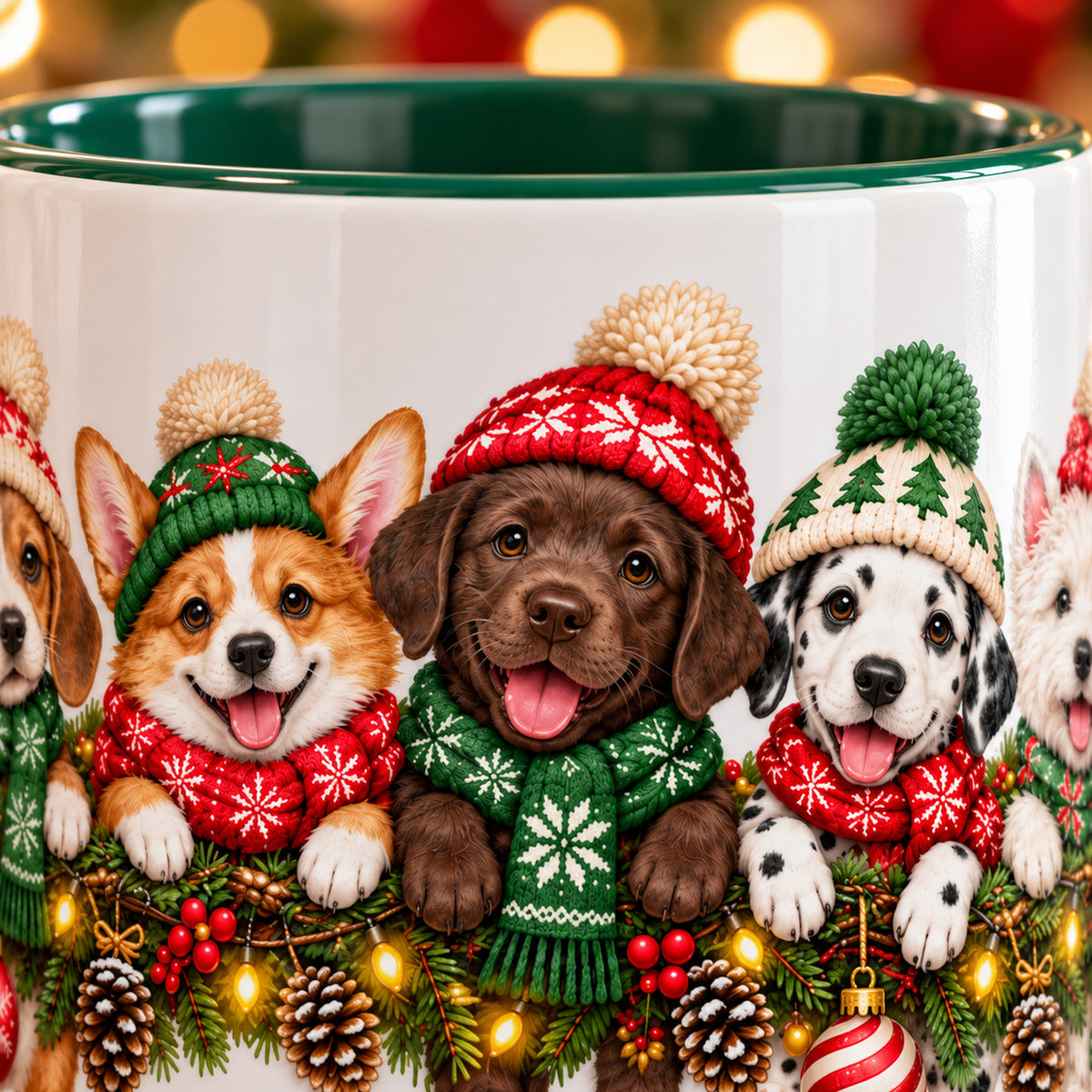Nahaufnahme der gedruckten Weihnachtsmotive mit Hunden, Strickmützen und Tannengrün unter dem feinen grünen Tassenrand.