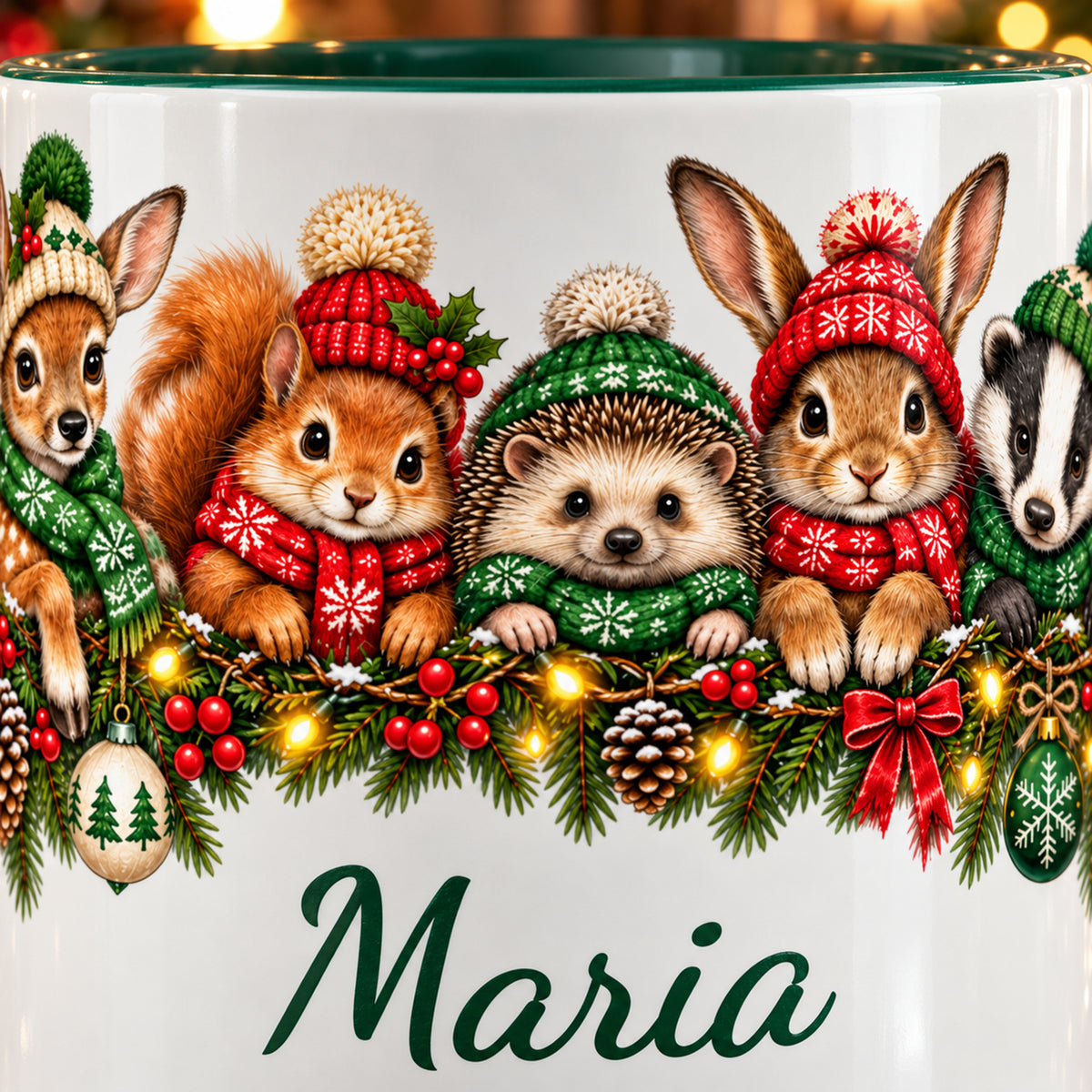 Nahaufnahme der gedruckten Waldtiere mit weihnachtlichen Mützen, Girlande und einem Wunschnamen auf weißer Keramik mit dünnem grünen Rand.