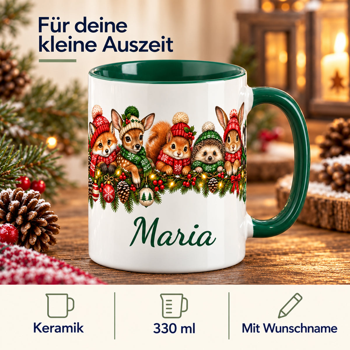 Waldtier-Tasse mit Infobereich zu Keramik, 330 ml und Wunschname.