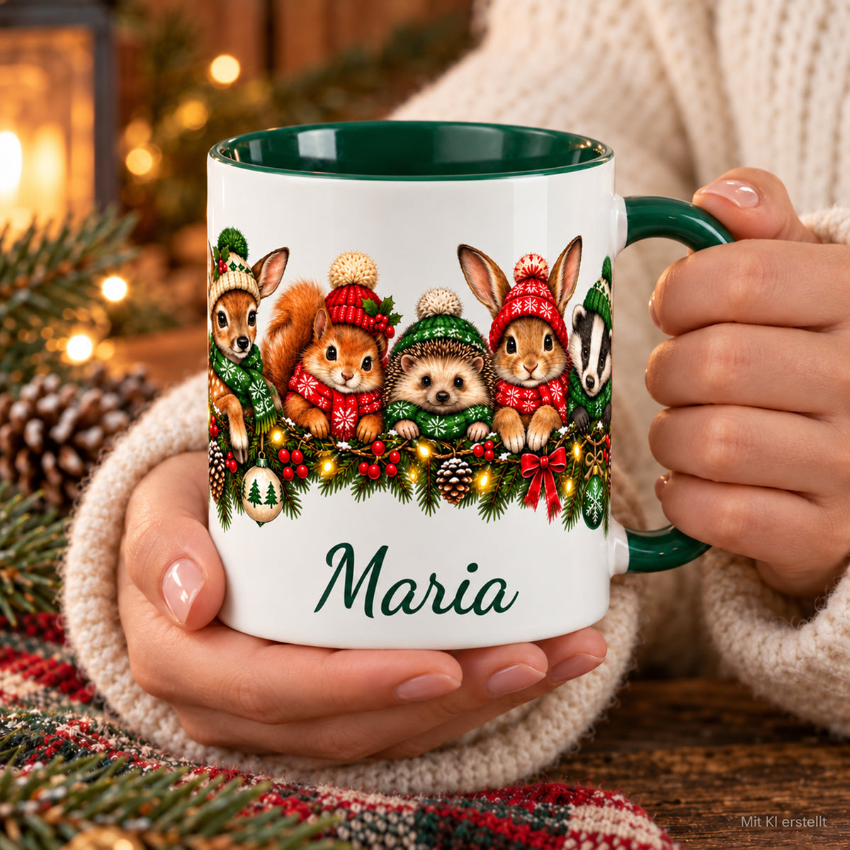 Waldtier-Tasse mit Wunschname, von zwei Händen gehalten; grüner Henkel und grünes Inneres.