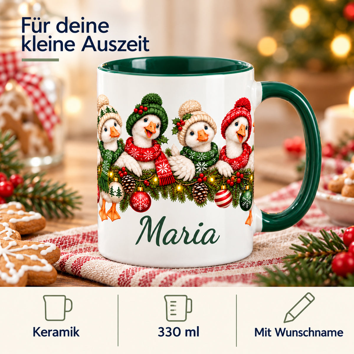 Gänse-Tasse mit Infobereich zu Keramik, 330 ml und Wunschname.