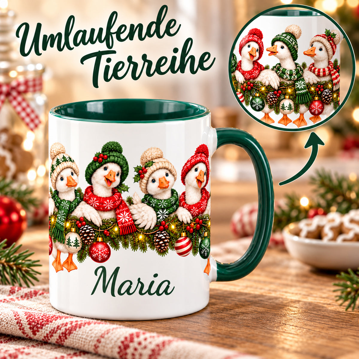 Gänse-Tasse mit umlaufender Tierreihe und vergrößertem Ausschnitt der rechten Motivseite.