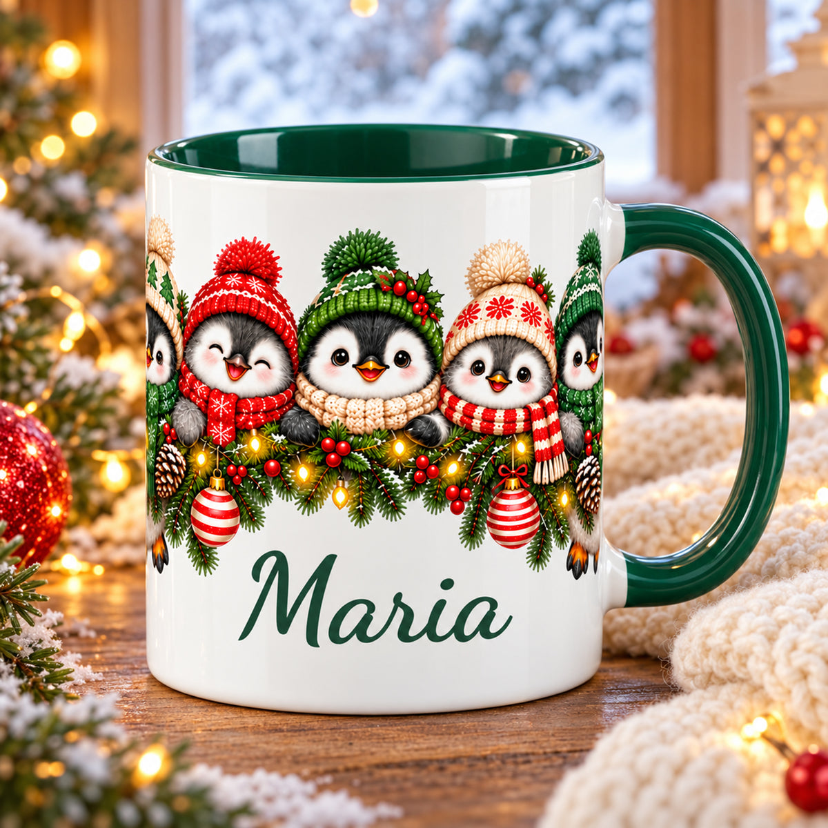 Personalisierte Pinguin-Tasse mit grünem Henkel vor warmen Weihnachtslichtern.