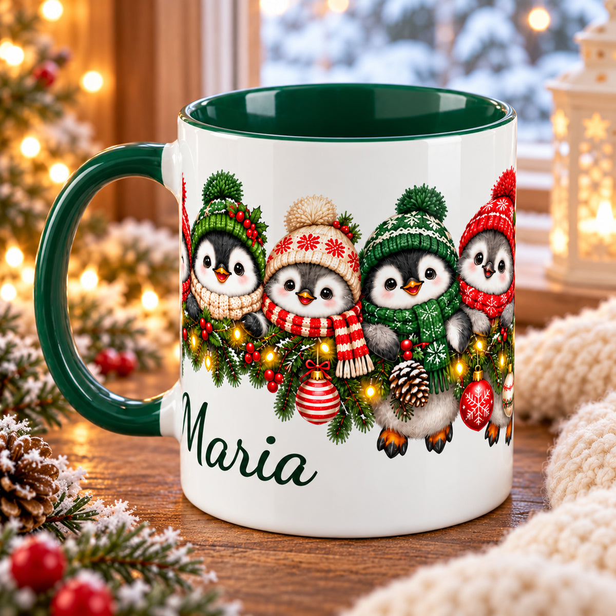 Weiß-grüne Weihnachtstasse mit Pinguinen und einem Wunschnamen, Henkel links, auf Holz vor einem verschneiten Fenster und warmen Lichtern.