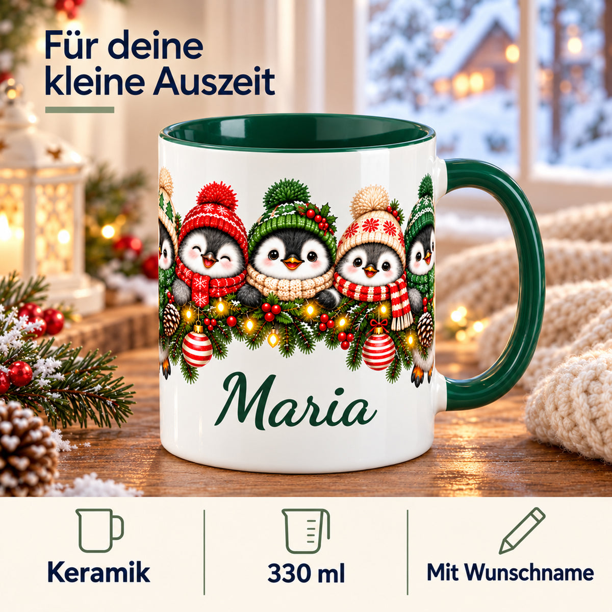 Pinguin-Tasse mit Infobereich zu Keramik, 330 ml und Wunschname.