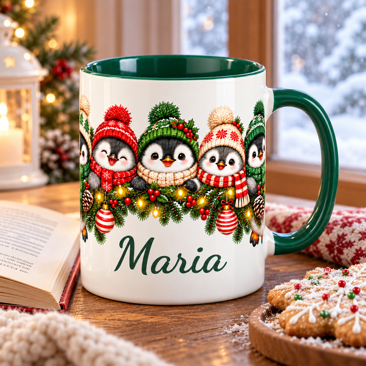 Pinguin-Tasse mit Wunschname neben Buch und Weihnachtsgebäck auf einem Holztisch.