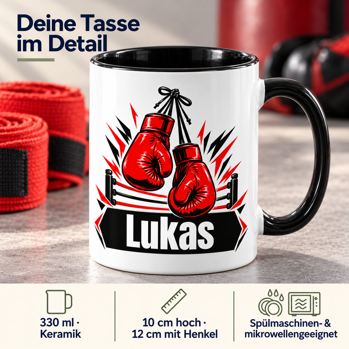 Boxhandschuh-Tasse Wunschname mit Angaben zu 330 ml, Keramik, Größe und Pflege.