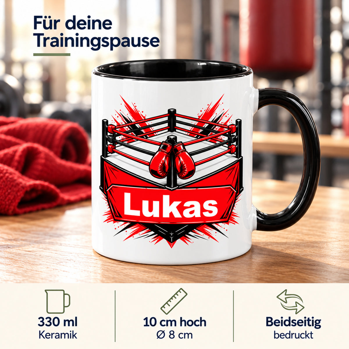 Boxring-Tasse mit Wunschname und Produktangaben: 330 ml, Keramik, 10 cm hoch, 8 cm Durchmesser und beidseitig bedruckt.