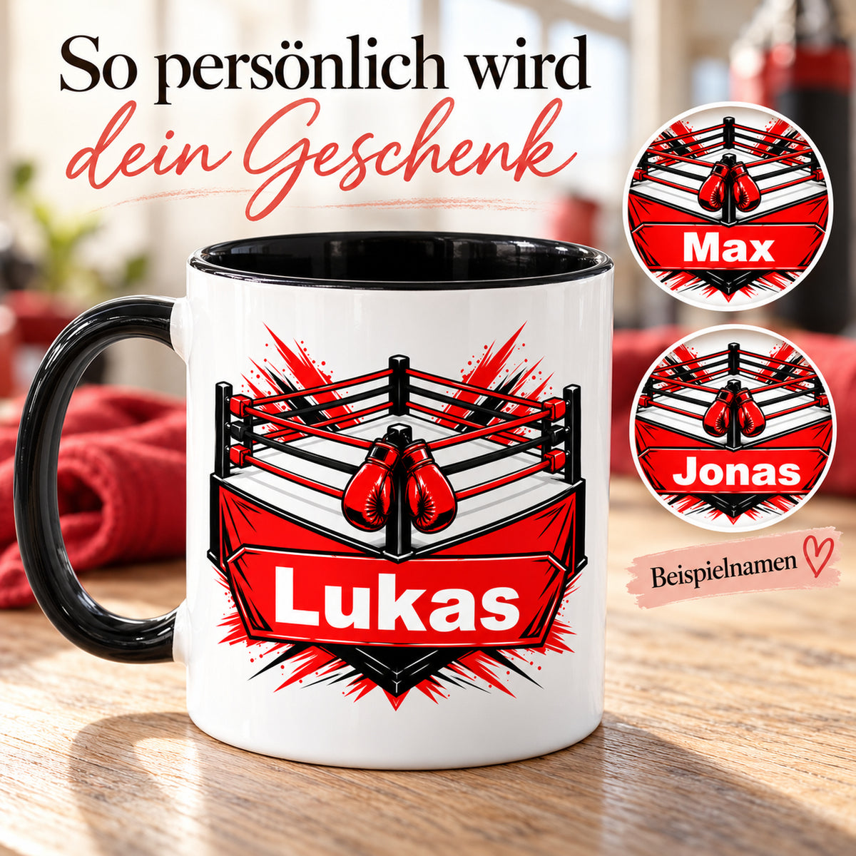 Personalisierung der Boxring-Tasse mit Wunschname auf der Tasse und gekennzeichneten Namensbeispielen.