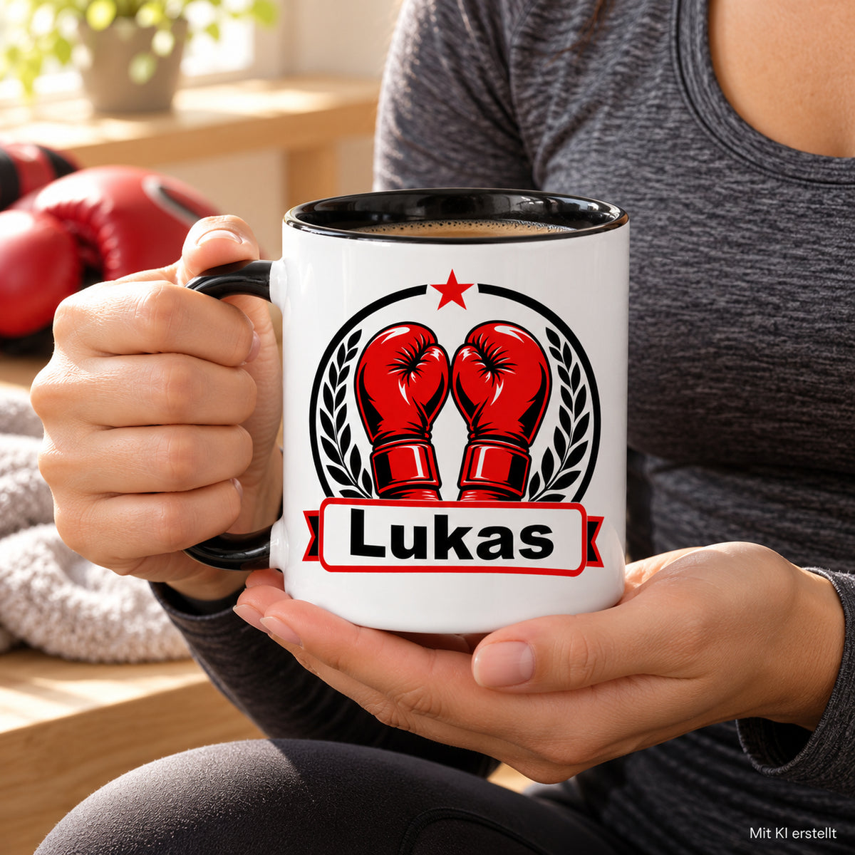 Erwachsene Frau hält die Boxemblem-Tasse mit Wunschname und Kaffee; Hinweis Mit KI erstellt.