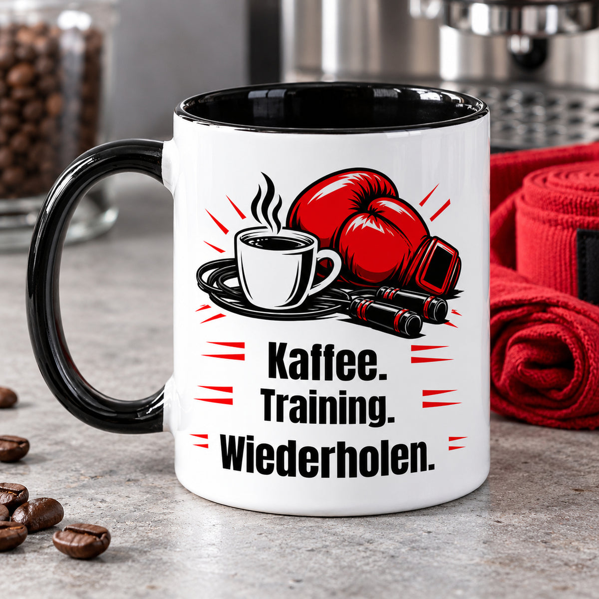 Weiße Boxsport-Tasse mit schwarzem Henkel, Rand und Innerem und Spruch „Kaffee. Training. Wiederholen.“ – Rückseite der Tasse mit identischem Motiv und Henkel links.