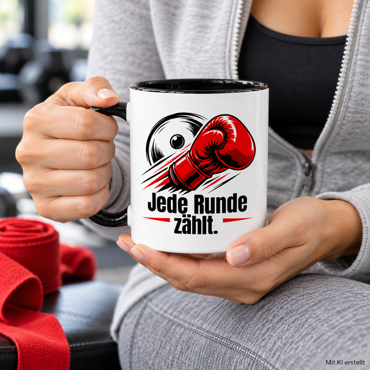 Weiße Boxsport-Tasse mit schwarzem Henkel, Rand und Innerem und Spruch „Jede Runde zählt.“ – Tasse in Händen in einer Trainingspause mit Hinweis Mit KI erstellt.