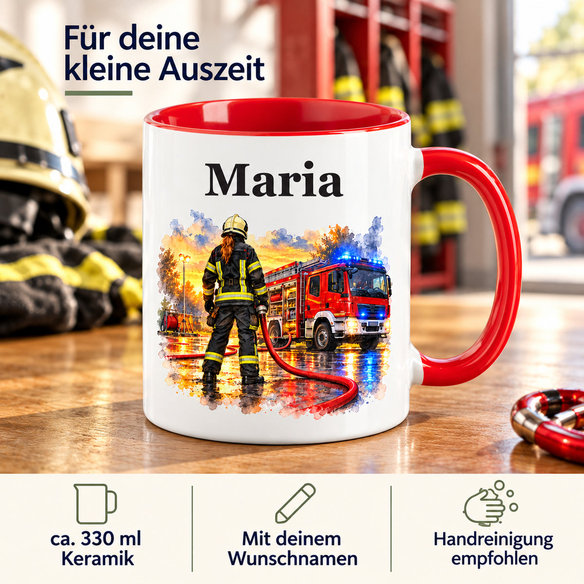 Eigenschaften der Feuerwehrtasse „Bereit zum Einsatz“: Keramik, ca. 330 ml, Wunschname und Handreinigung