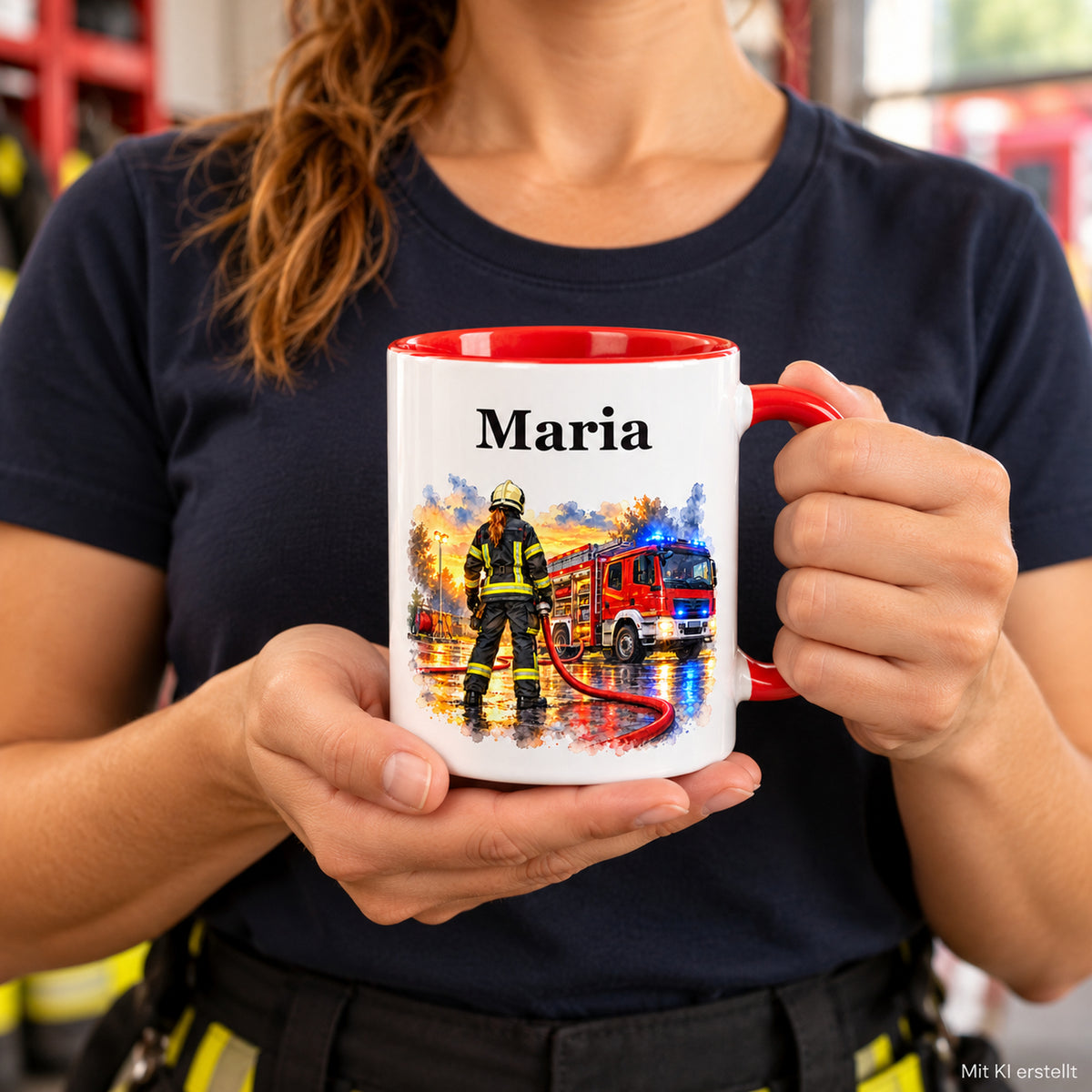 Personalisierte Tasse mit Feuerwehrfrau im Motiv „Bereit zum Einsatz“, in Händen gehalten