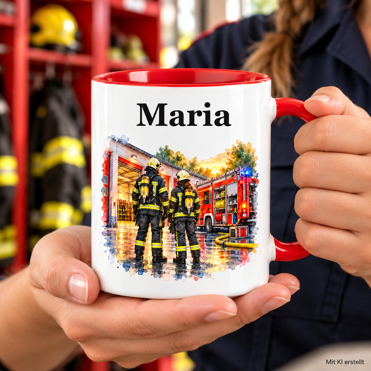 Personalisierte Tasse mit Feuerwehrfrau im Motiv „Gemeinsam stark“, in Händen gehalten