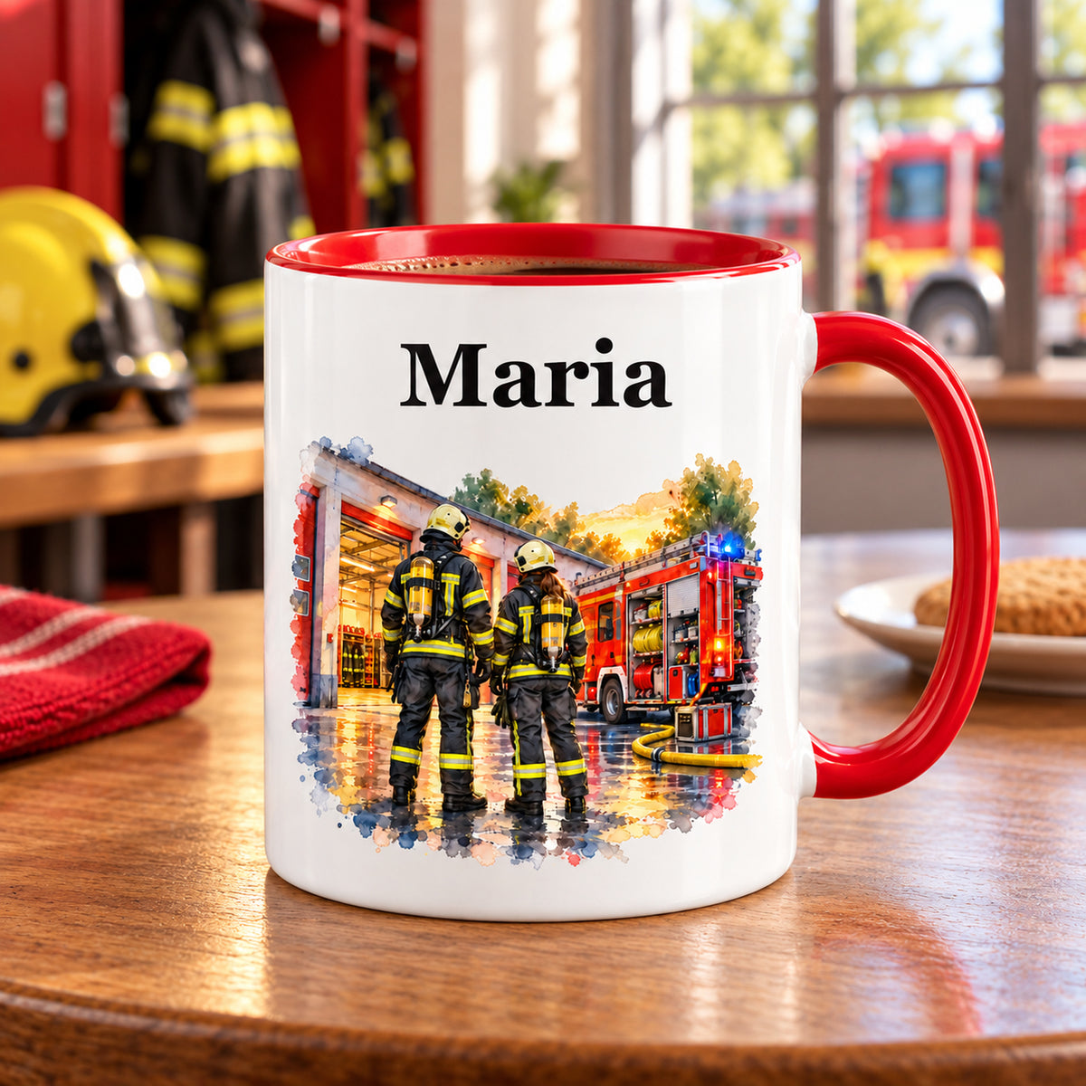Personalisierte Tasse mit Feuerwehrfrau im Motiv „Gemeinsam stark“ in einer Feuerwehrszene