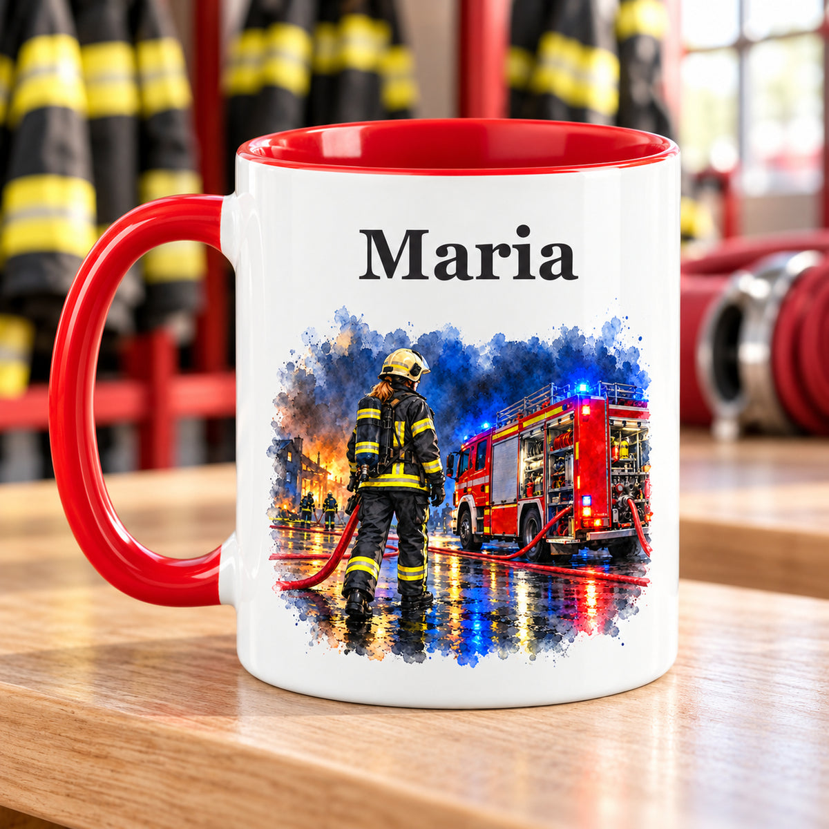 Gegenseite der personalisierten Tasse mit Feuerwehrfrau im Motiv „Blaulicht bei Nacht“