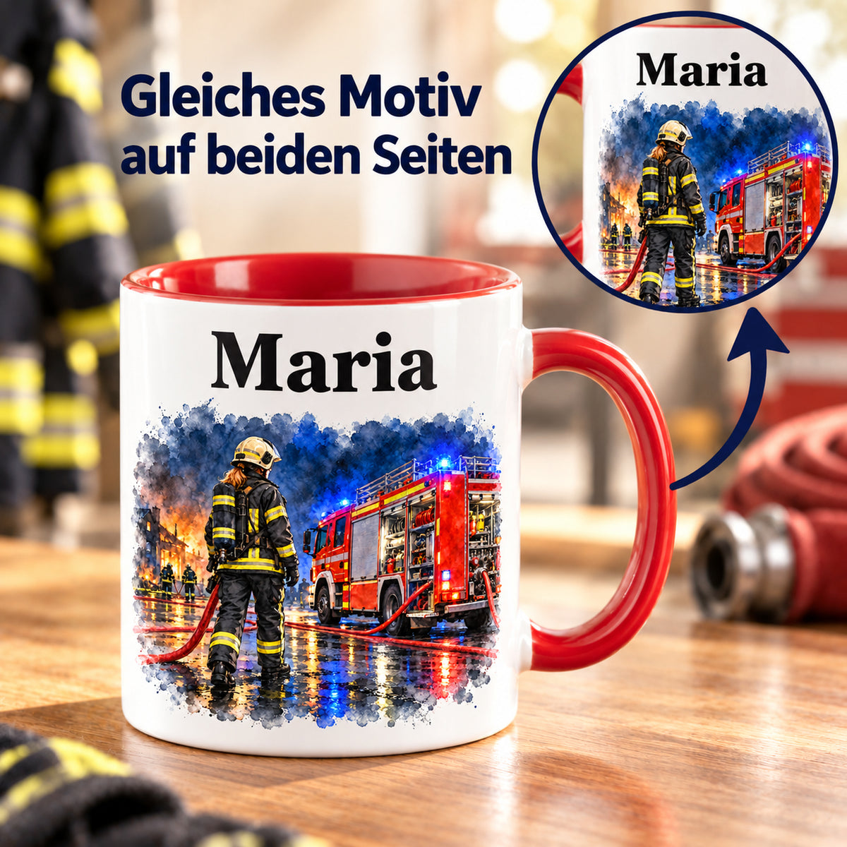 Beidseitiger Druck auf der Feuerwehrtasse mit Feuerwehrfrau im Motiv „Blaulicht bei Nacht“